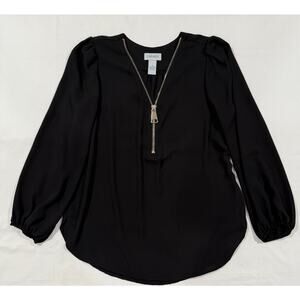 Carmen Marc Valvo Blouse Black Long Sleeve with Large Gold Zipper Size Med (083)